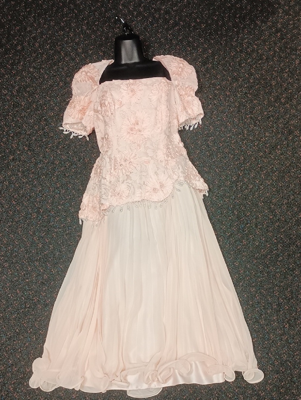 Rina diMontella Soft Blush Pink Lace Dress With Asymmetrical Waist & Soutache Tr